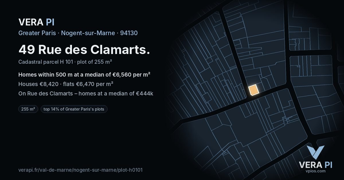 49 Rue des Clamarts, Nogent-sur-Marne at night – the plot lit, the parcels around coloured by the prices near them