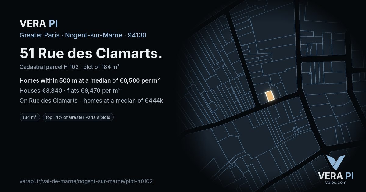 51 Rue des Clamarts, Nogent-sur-Marne at night – the plot lit, the parcels around coloured by the prices near them