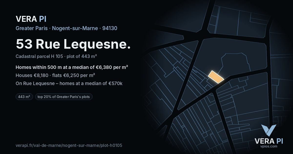 53 Rue Lequesne, Nogent-sur-Marne at night – the plot lit, the parcels around coloured by the prices near them