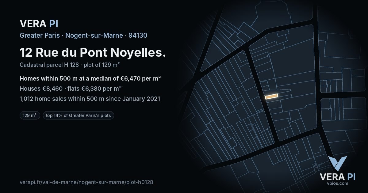 12 Rue du Pont Noyelles, Nogent-sur-Marne at night – the plot lit, the parcels around coloured by the prices near them