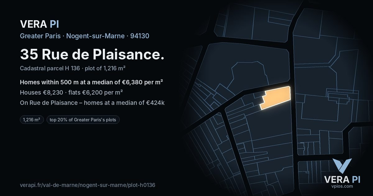 35 Rue de Plaisance, Nogent-sur-Marne at night – the plot lit, the parcels around coloured by the prices near them