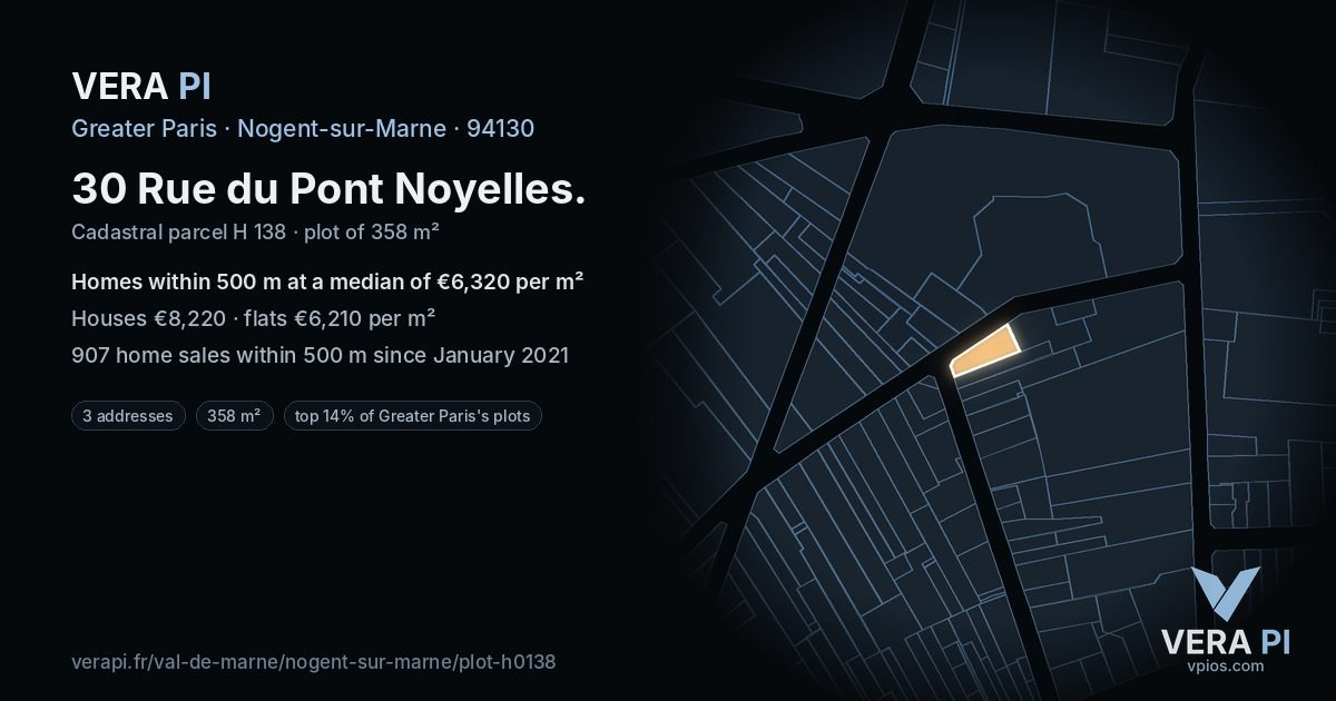 30 Rue du Pont Noyelles, Nogent-sur-Marne at night – the plot lit, the parcels around coloured by the prices near them