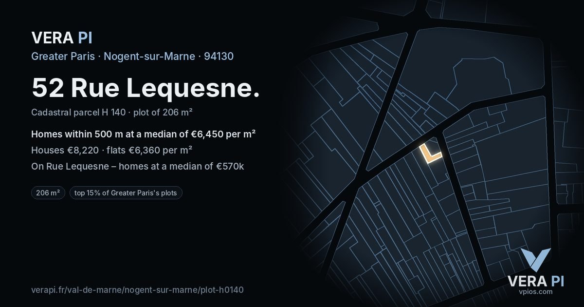 52 Rue Lequesne, Nogent-sur-Marne at night – the plot lit, the parcels around coloured by the prices near them