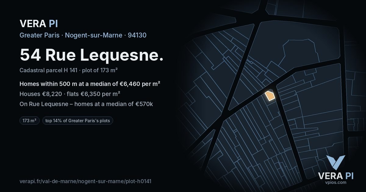 54 Rue Lequesne, Nogent-sur-Marne at night – the plot lit, the parcels around coloured by the prices near them
