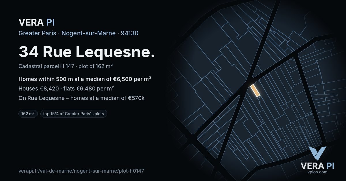 34 Rue Lequesne, Nogent-sur-Marne at night – the plot lit, the parcels around coloured by the prices near them