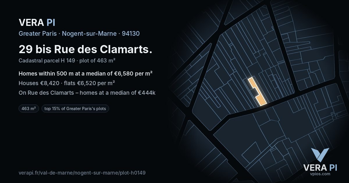 29 bis Rue des Clamarts, Nogent-sur-Marne at night – the plot lit, the parcels around coloured by the prices near them