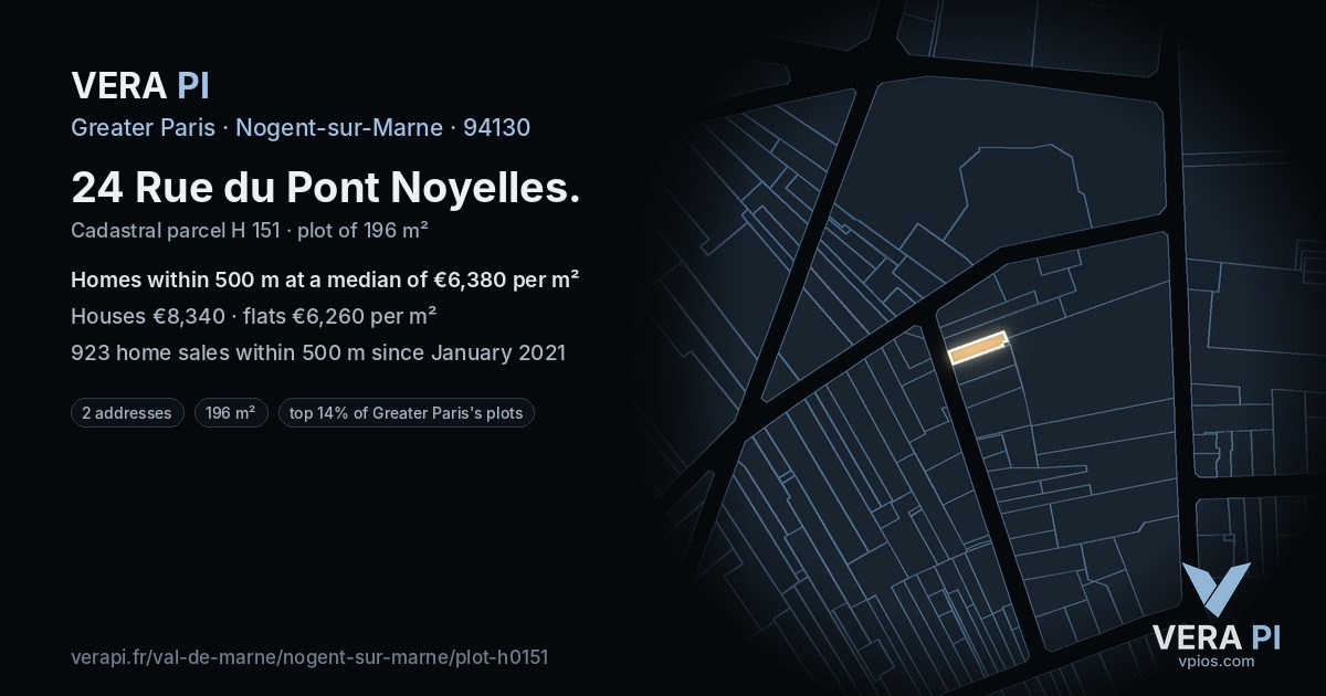 24 Rue du Pont Noyelles, Nogent-sur-Marne at night – the plot lit, the parcels around coloured by the prices near them