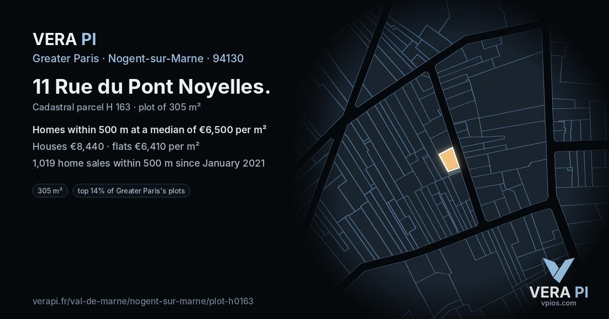11 Rue du Pont Noyelles, Nogent-sur-Marne at night – the plot lit, the parcels around coloured by the prices near them