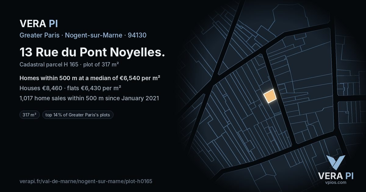 13 Rue du Pont Noyelles, Nogent-sur-Marne at night – the plot lit, the parcels around coloured by the prices near them