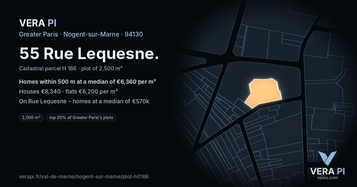 55 Rue Lequesne, Nogent-sur-Marne at night – the plot lit, the parcels around coloured by the prices near them