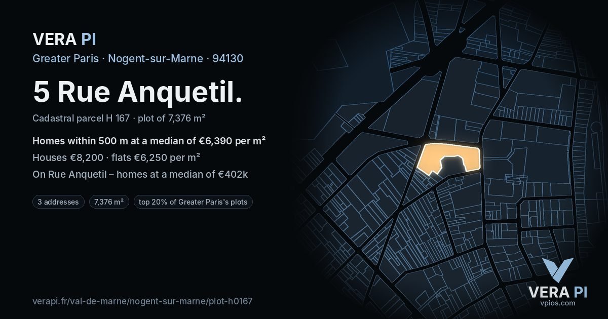 5 Rue Anquetil, Nogent-sur-Marne at night – the plot lit, the parcels around coloured by the prices near them