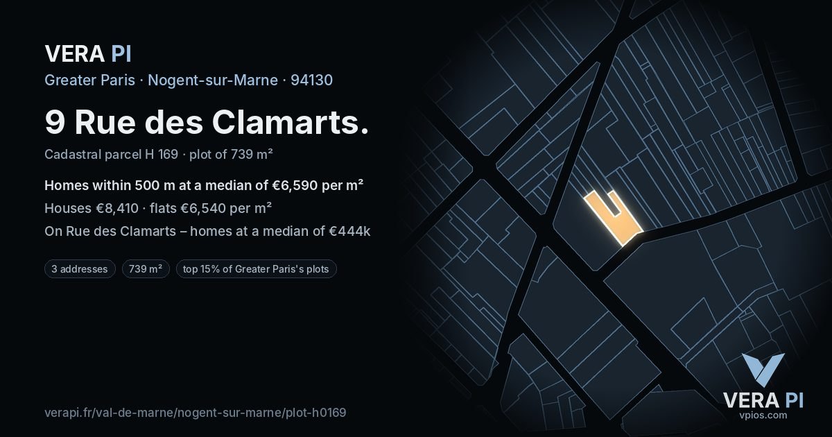 9 Rue des Clamarts, Nogent-sur-Marne at night – the plot lit, the parcels around coloured by the prices near them