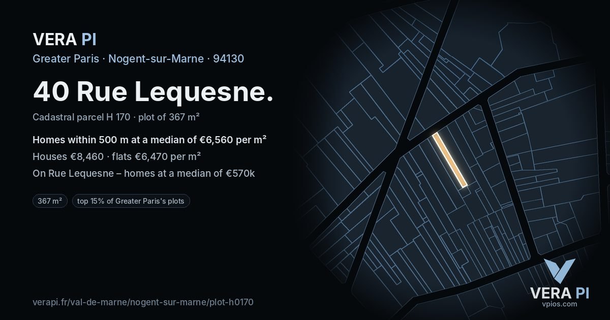 40 Rue Lequesne, Nogent-sur-Marne at night – the plot lit, the parcels around coloured by the prices near them