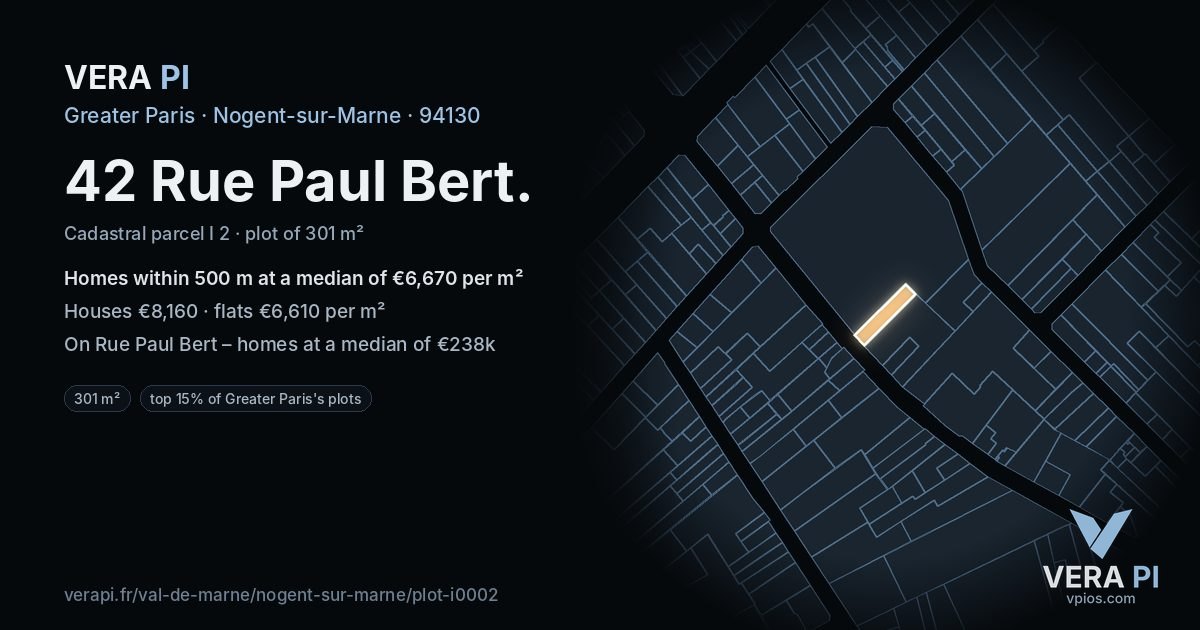 42 Rue Paul Bert, Nogent-sur-Marne at night – the plot lit, the parcels around coloured by the prices near them
