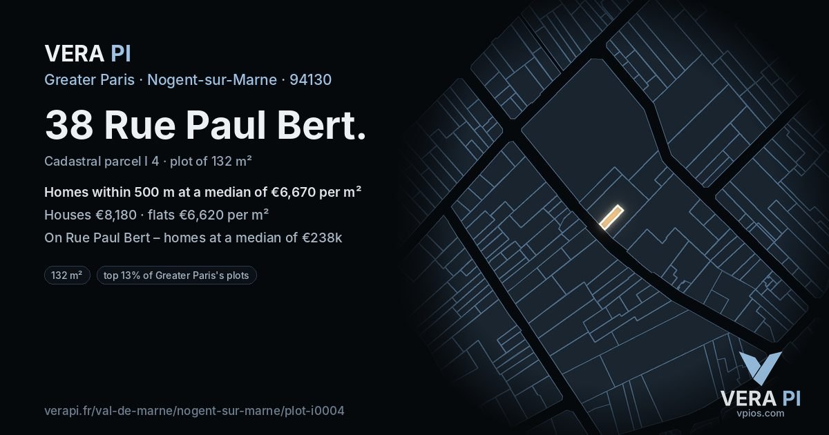 38 Rue Paul Bert, Nogent-sur-Marne at night – the plot lit, the parcels around coloured by the prices near them