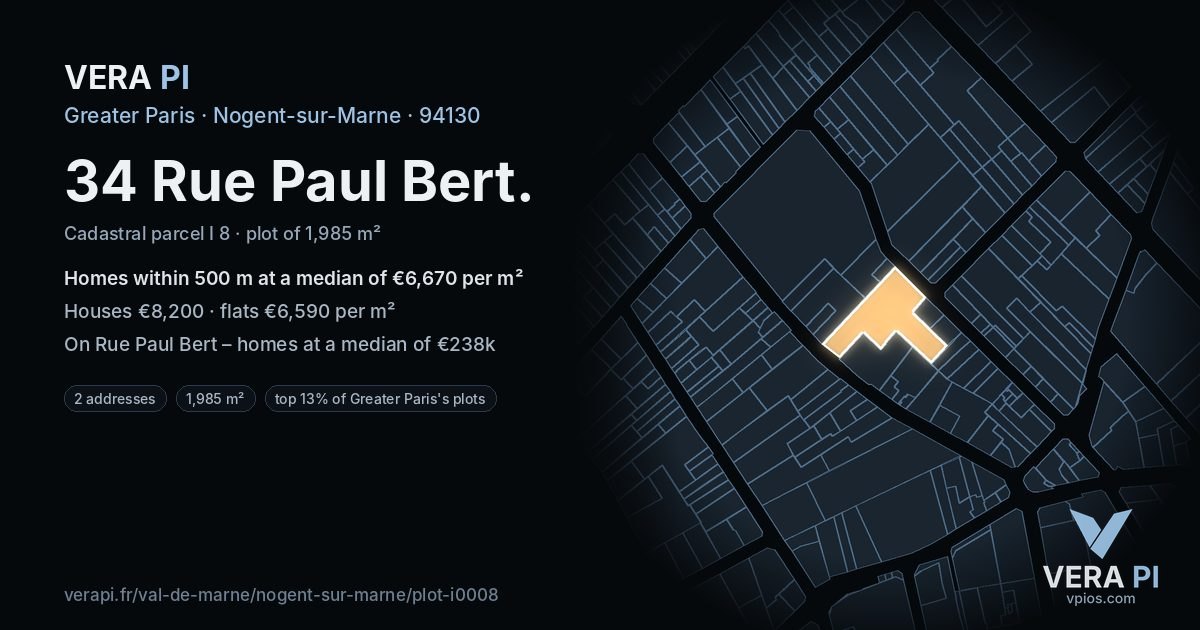34 Rue Paul Bert, Nogent-sur-Marne at night – the plot lit, the parcels around coloured by the prices near them