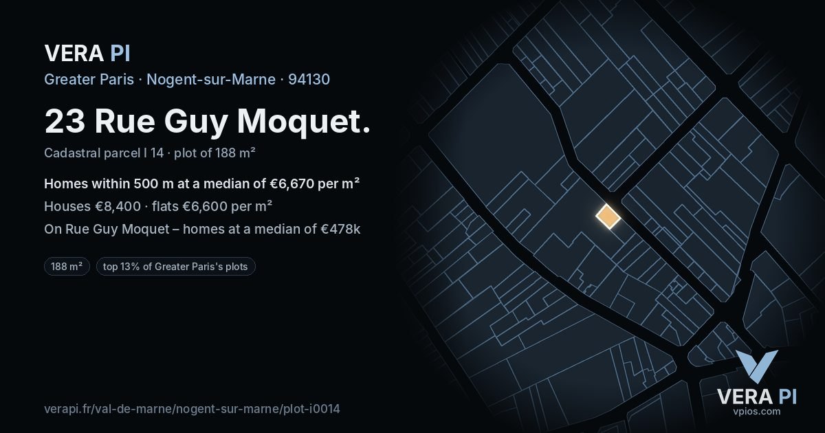 23 Rue Guy Moquet, Nogent-sur-Marne at night – the plot lit, the parcels around coloured by the prices near them