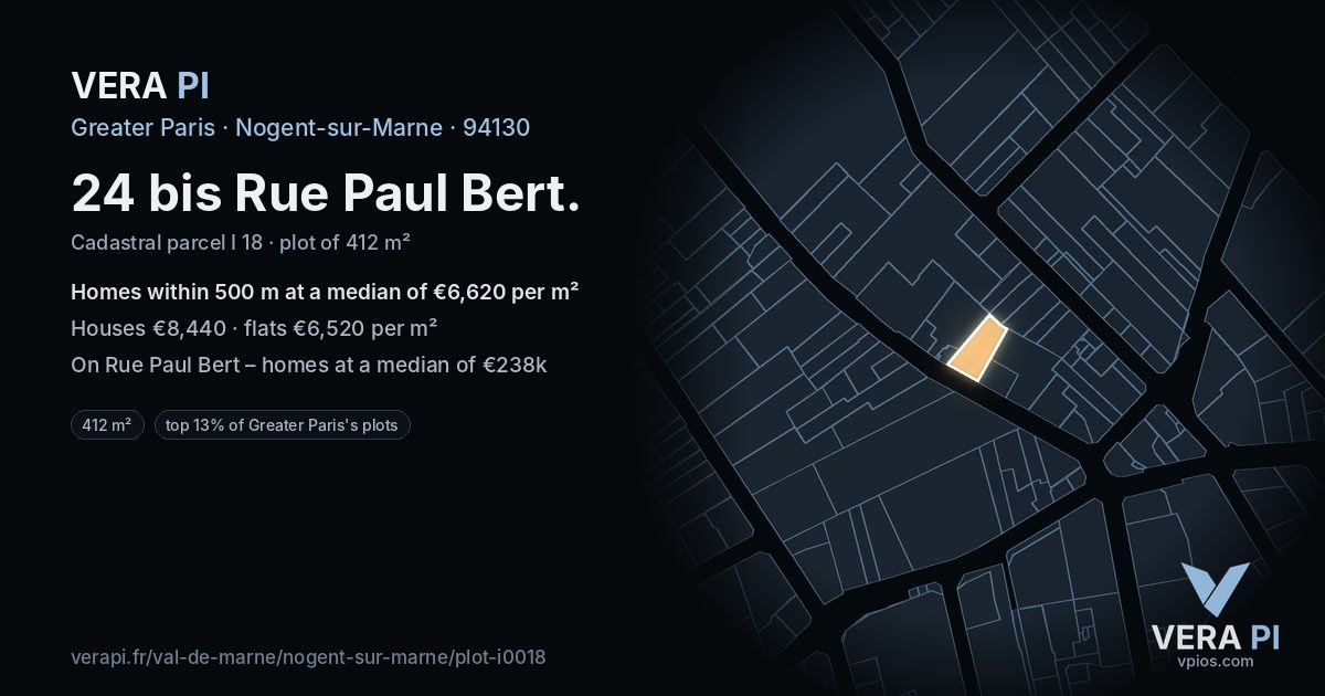 24 bis Rue Paul Bert, Nogent-sur-Marne at night – the plot lit, the parcels around coloured by the prices near them