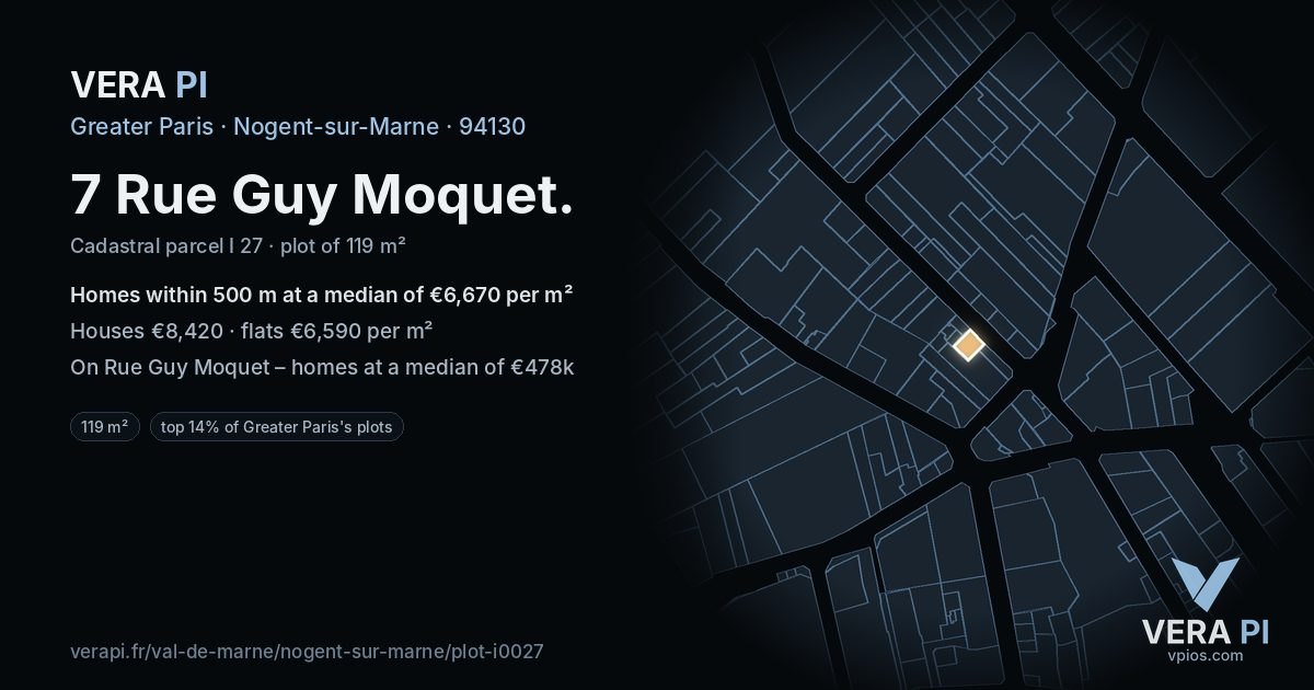 7 Rue Guy Moquet, Nogent-sur-Marne at night – the plot lit, the parcels around coloured by the prices near them