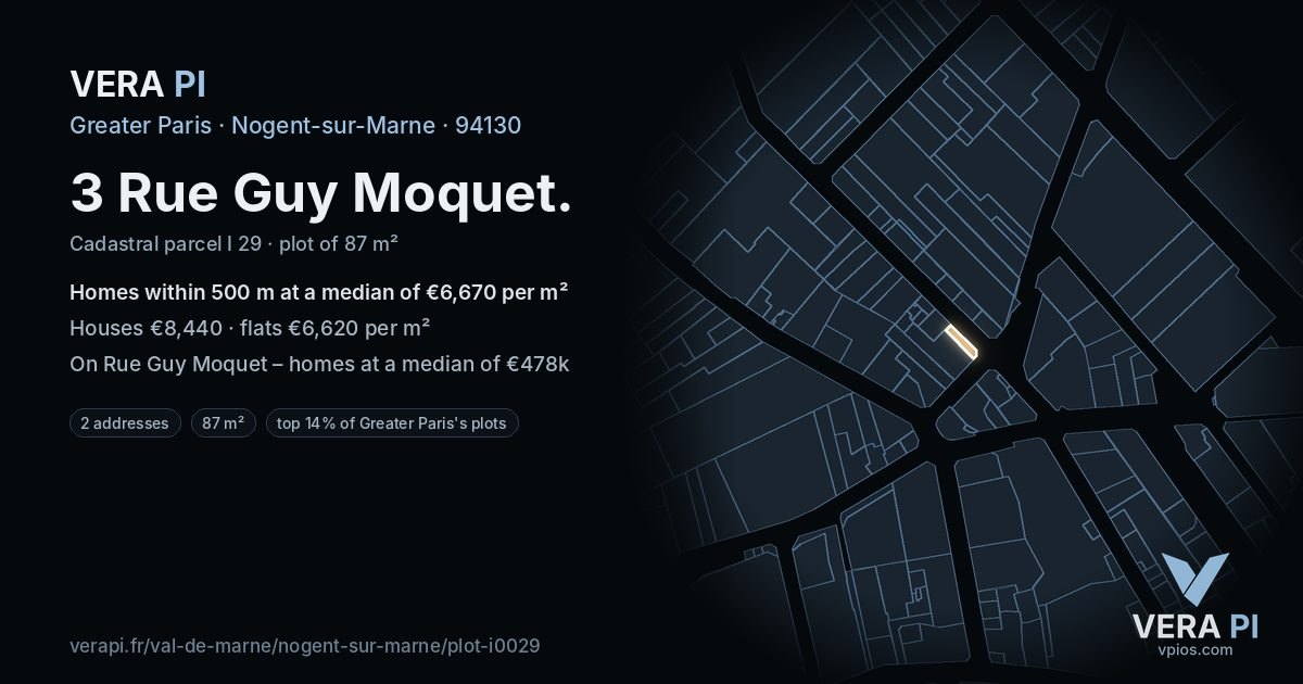 3 Rue Guy Moquet, Nogent-sur-Marne at night – the plot lit, the parcels around coloured by the prices near them
