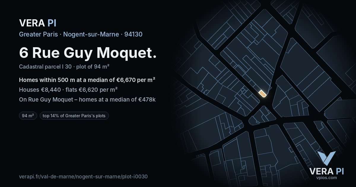 6 Rue Guy Moquet, Nogent-sur-Marne at night – the plot lit, the parcels around coloured by the prices near them