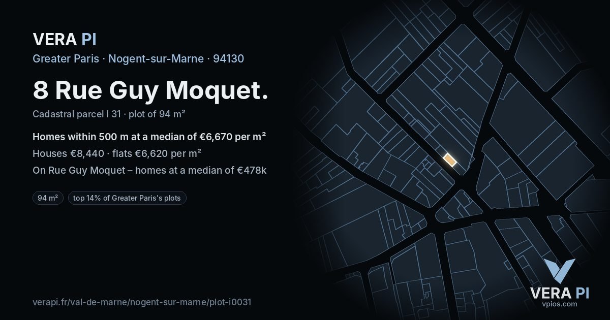 8 Rue Guy Moquet, Nogent-sur-Marne at night – the plot lit, the parcels around coloured by the prices near them