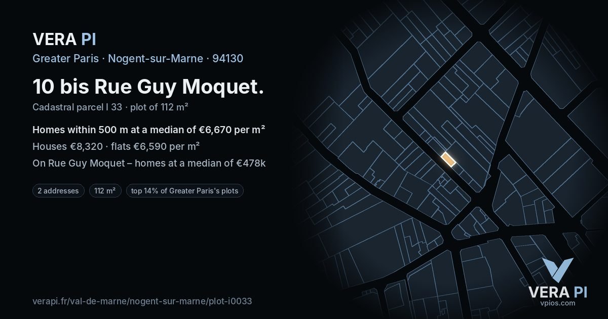 10 bis Rue Guy Moquet, Nogent-sur-Marne at night – the plot lit, the parcels around coloured by the prices near them