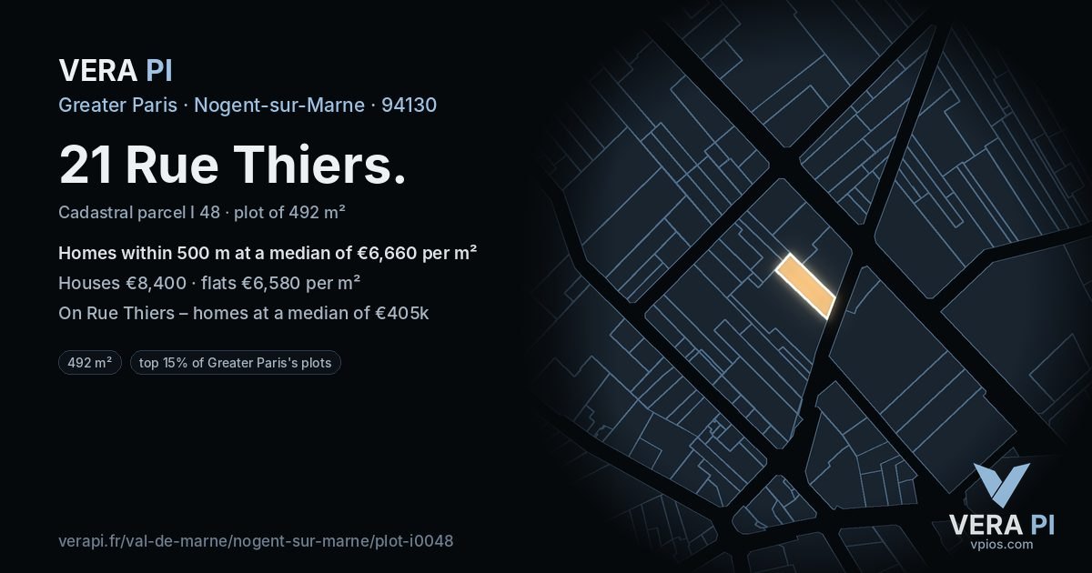 21 Rue Thiers, Nogent-sur-Marne at night – the plot lit, the parcels around coloured by the prices near them