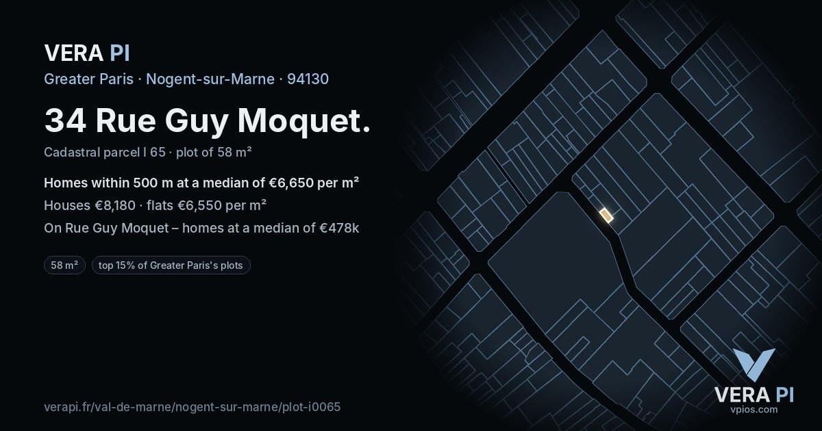 34 Rue Guy Moquet, Nogent-sur-Marne at night – the plot lit, the parcels around coloured by the prices near them