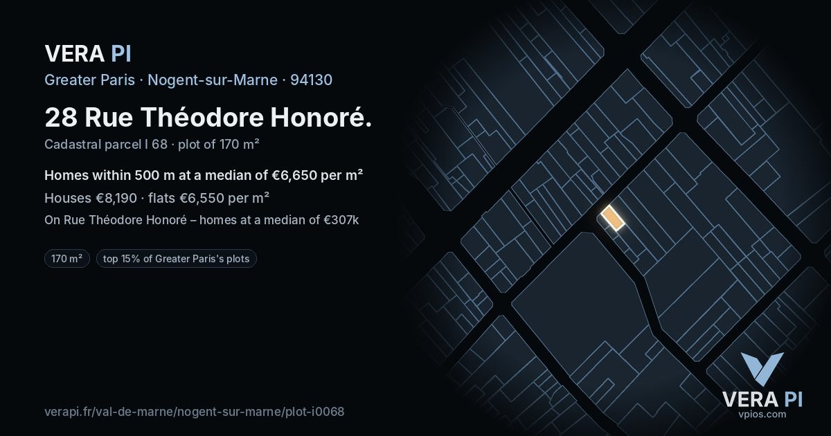 28 Rue Théodore Honoré, Nogent-sur-Marne at night – the plot lit, the parcels around coloured by the prices near them