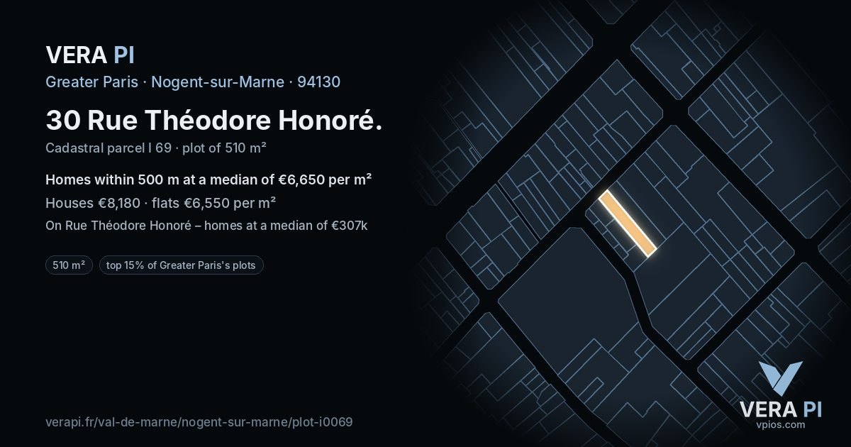 30 Rue Théodore Honoré, Nogent-sur-Marne at night – the plot lit, the parcels around coloured by the prices near them