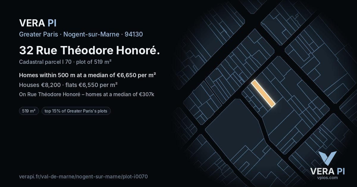 32 Rue Théodore Honoré, Nogent-sur-Marne at night – the plot lit, the parcels around coloured by the prices near them