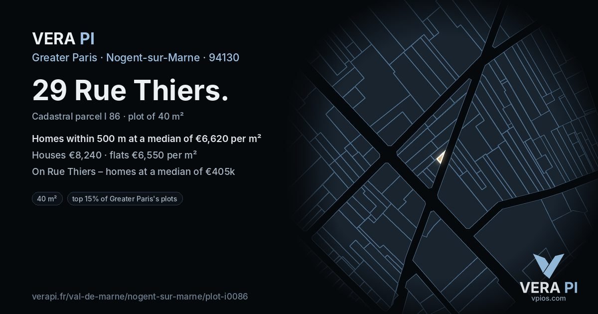 29 Rue Thiers, Nogent-sur-Marne at night – the plot lit, the parcels around coloured by the prices near them