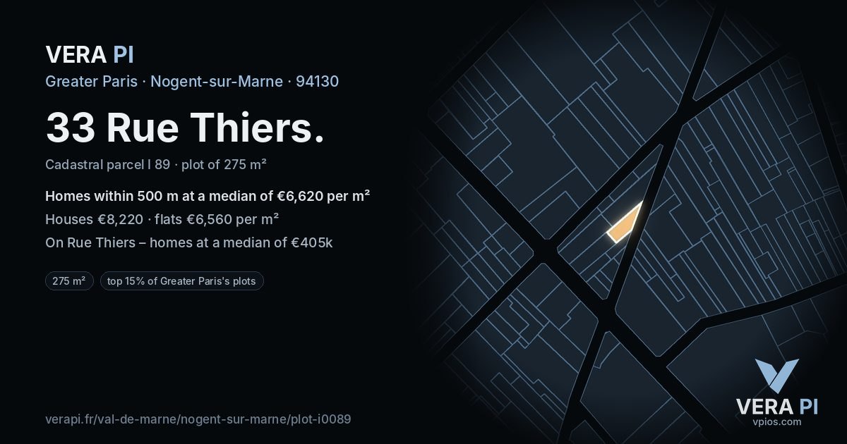 33 Rue Thiers, Nogent-sur-Marne at night – the plot lit, the parcels around coloured by the prices near them