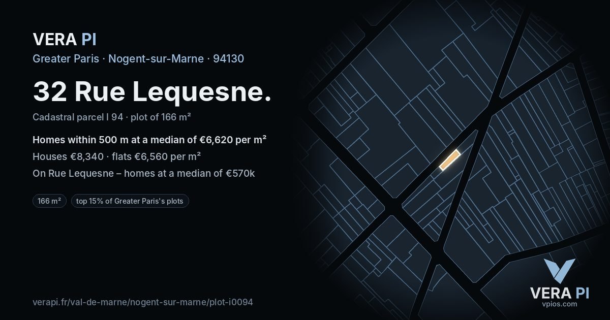 32 Rue Lequesne, Nogent-sur-Marne at night – the plot lit, the parcels around coloured by the prices near them