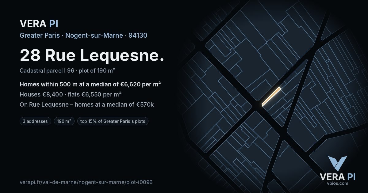 28 Rue Lequesne, Nogent-sur-Marne at night – the plot lit, the parcels around coloured by the prices near them