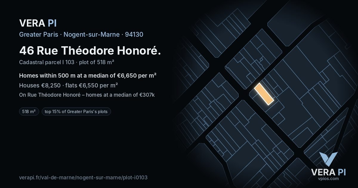 46 Rue Théodore Honoré, Nogent-sur-Marne at night – the plot lit, the parcels around coloured by the prices near them