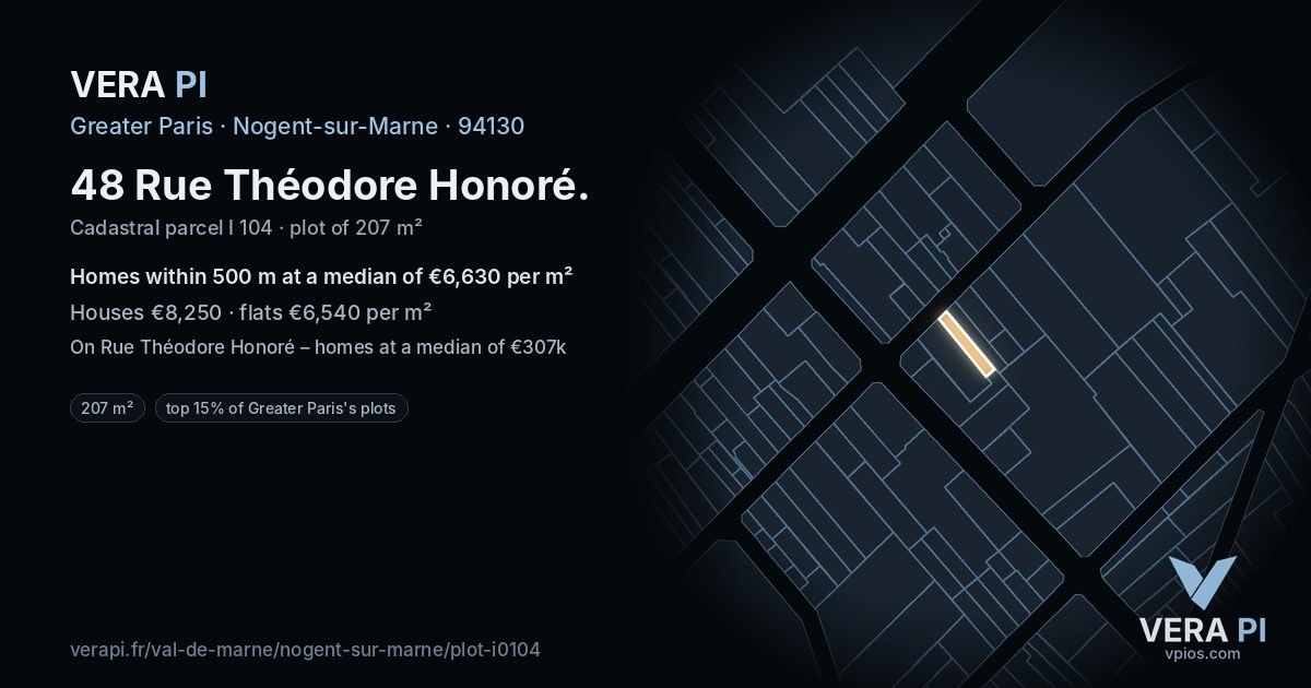 48 Rue Théodore Honoré, Nogent-sur-Marne at night – the plot lit, the parcels around coloured by the prices near them