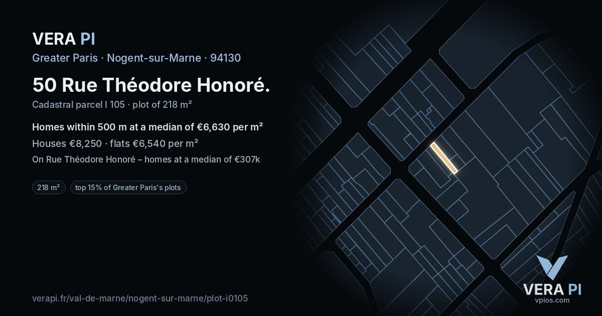 50 Rue Théodore Honoré, Nogent-sur-Marne at night – the plot lit, the parcels around coloured by the prices near them