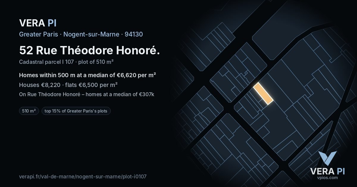 52 Rue Théodore Honoré, Nogent-sur-Marne at night – the plot lit, the parcels around coloured by the prices near them