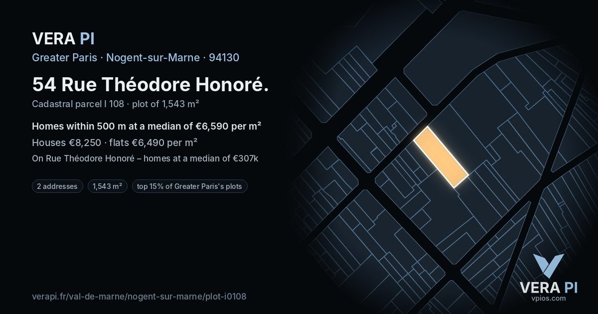 54 Rue Théodore Honoré, Nogent-sur-Marne at night – the plot lit, the parcels around coloured by the prices near them