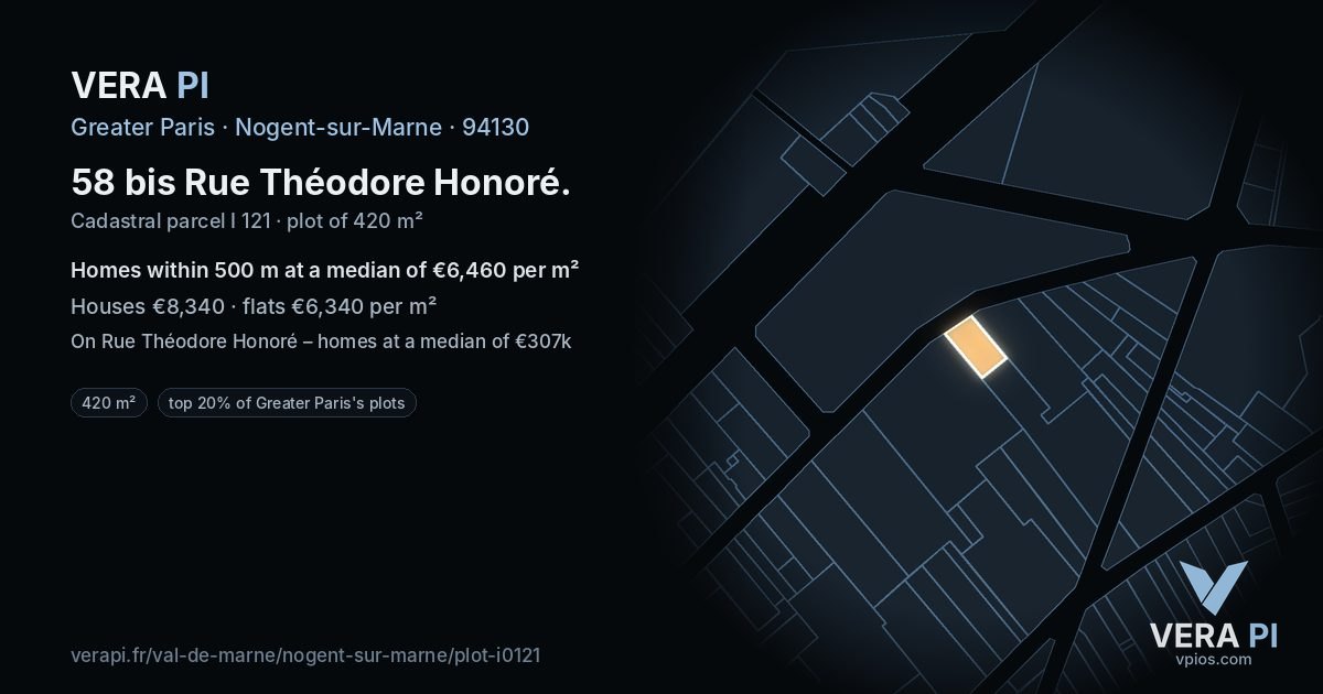58 bis Rue Théodore Honoré, Nogent-sur-Marne at night – the plot lit, the parcels around coloured by the prices near them