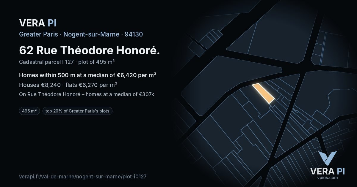 62 Rue Théodore Honoré, Nogent-sur-Marne at night – the plot lit, the parcels around coloured by the prices near them