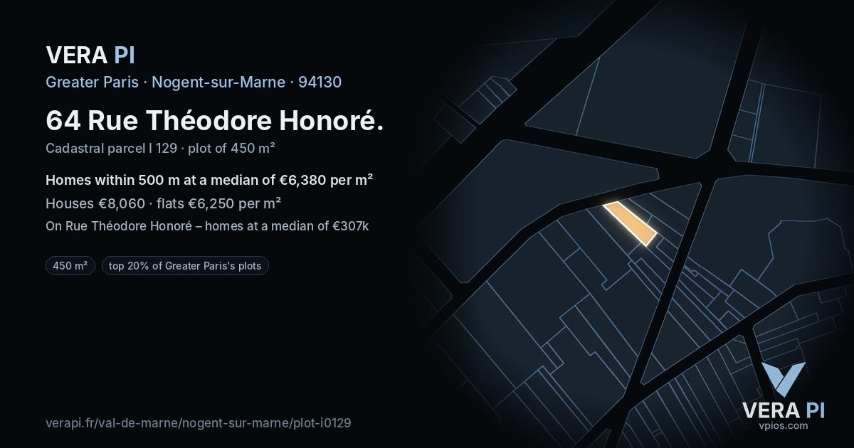 64 Rue Théodore Honoré, Nogent-sur-Marne at night – the plot lit, the parcels around coloured by the prices near them