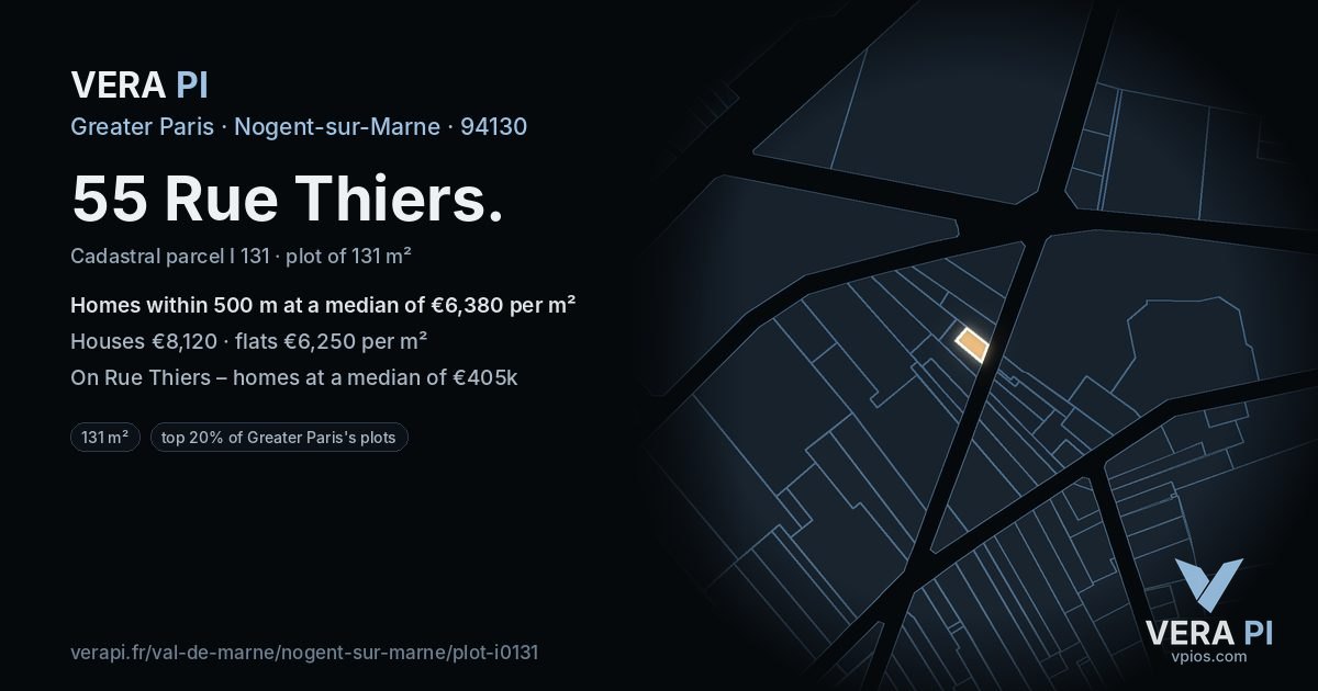 55 Rue Thiers, Nogent-sur-Marne at night – the plot lit, the parcels around coloured by the prices near them