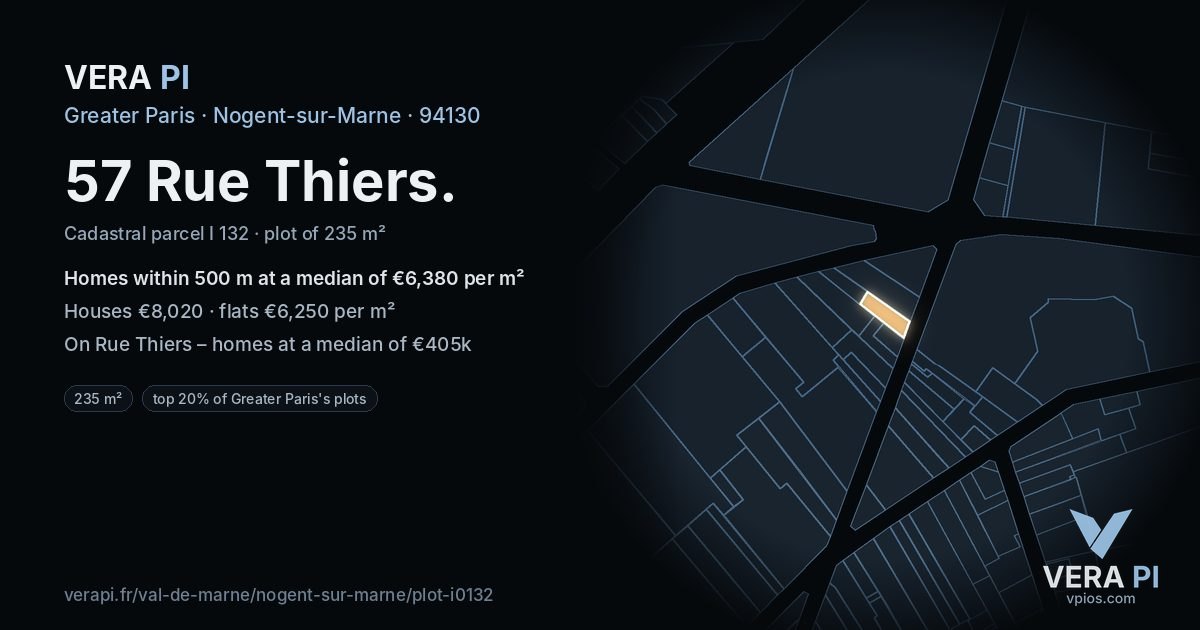 57 Rue Thiers, Nogent-sur-Marne at night – the plot lit, the parcels around coloured by the prices near them