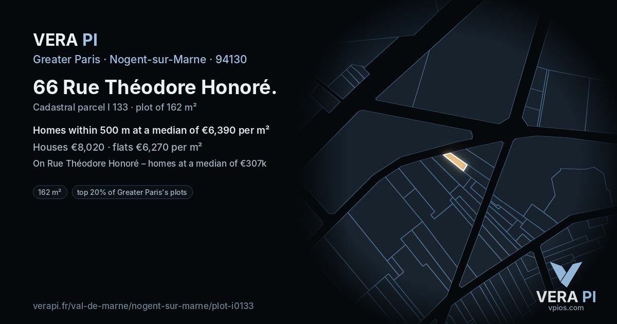 66 Rue Théodore Honoré, Nogent-sur-Marne at night – the plot lit, the parcels around coloured by the prices near them