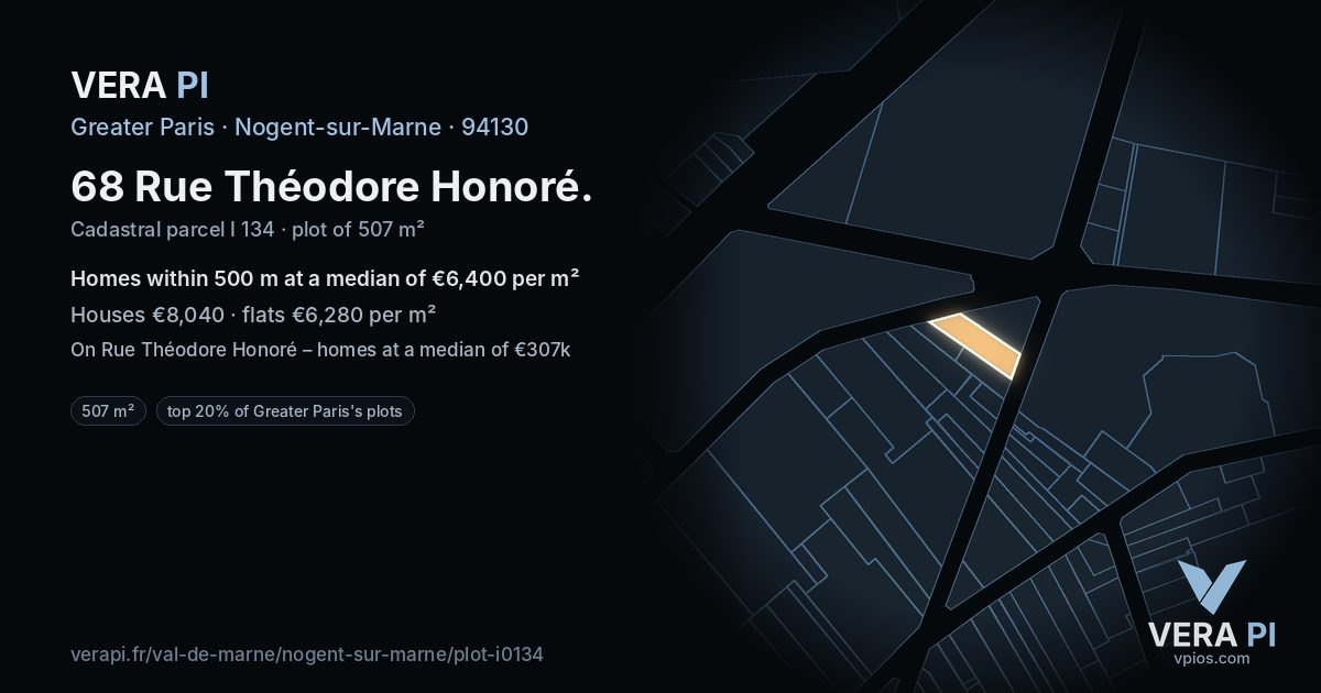 68 Rue Théodore Honoré, Nogent-sur-Marne at night – the plot lit, the parcels around coloured by the prices near them