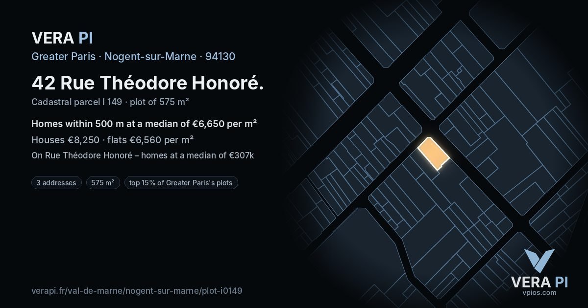 42 Rue Théodore Honoré, Nogent-sur-Marne at night – the plot lit, the parcels around coloured by the prices near them