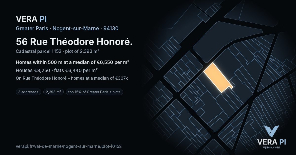 56 Rue Théodore Honoré, Nogent-sur-Marne at night – the plot lit, the parcels around coloured by the prices near them